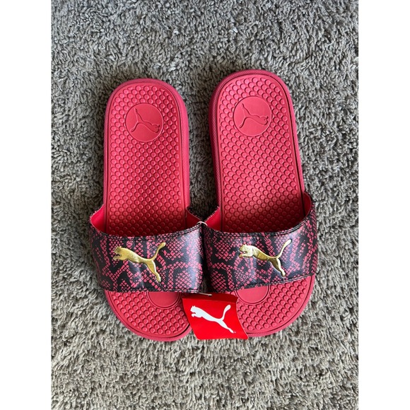 NWT Puma Cool Cat 2.0 Slides Coral Snake Print Gold Logo Sandals - Picture 1 of 2